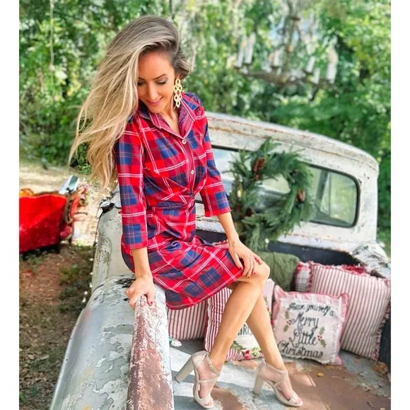 Gretchen Scott Designs Red and Blue Plaid Long Sleeve Dress - Picture 2 of 16